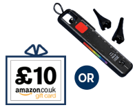 Image of £10 amazon voucher blue circle with the word or and a black pocket ophthalmoscope